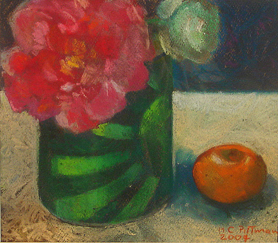 Peonies in a Green Can<br />pastel on paper<br />12 x 11 inches