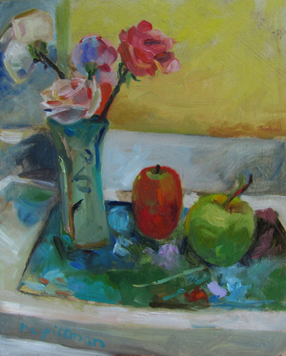 Roses, Apples, Monet<br />oil on wood