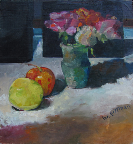 Roses against Lunch Box<br />oil on wood