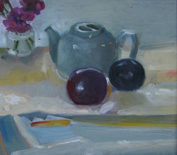 Teapot and Plums<br />oil on adhered canvas