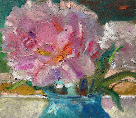 Peonies in a Blue Vase<br />oil pastel on paper<br />8 x 8 inches