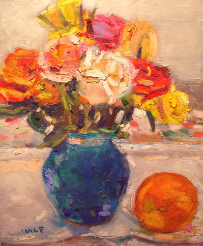 Roses and Orange<br />oil pastel on paper<br />6 x 7 inches